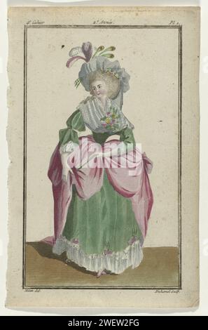 Laden neuer französischer und englischer Modi, 20. Dezember 1786, 2. Jahr, 4. Notizbuch, pl. 1786 Engländerin vor Gericht japon. Körper aus grünem Satin und 'mante' aus rosa Satin. Hut mit Blumen und Federn. Fichu und Blumenkorsage. Lüfter in der Hand. Der Druck ist Teil des 4. Cahier aus dem Magasin des Modes Nouvelles Francaises et Anglaises. Die Serie besteht aus 172 Modedrucken, die von Buisson, Paris, 20. November 1786 bis 21. Décembre 1789 veröffentlicht wurden. Papiergravur von Modetafeln. Kleid, Kleid: Kleid oder Kleid (+ Damenkleidung). Fan (+ Damenkleidung). Kopfrad: Kappe (+ wo Stockfoto