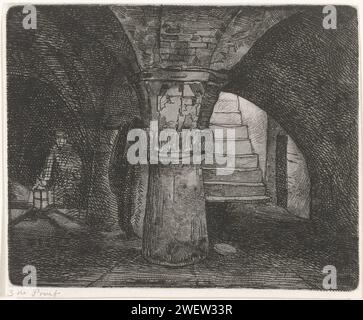 Keldervelf, Jacobus Ludovicus Cornet, 1825–1882 drucken das Kellergewölbe einer Burg, die auf schweren Säulen ruht. Im Hintergrund ein Mann mit einer Laterne. Papierätzkeller, Keller. Tresor  Architektur Stockfoto