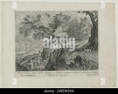 Elijah ruht auf einem Felsen entlang des Beek Kerit, 1617–1634 Print Waldlandschaft, die auf einem Felsen entlang des Kerit Beek liegt, gegenüber dem Jordaan, wo er während einer langen Dürre lebte. Am Rande ein Bibelzitat aus 1 Kon. 17 auf Lateinisch. Papiergravur Elijah am Bach Cherith (1. Könige 17:1-6). Wald, Holz Stockfoto