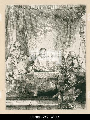 Christ at Emmaus: The Larger Plate, Rembrandt van Rijn, 1654 Druckpapier Ätzen / Trockenpunkt das Abendmahl bei Emmaus: Christus wird beim Segen oder Brechen des Brotes erkannt Stockfoto