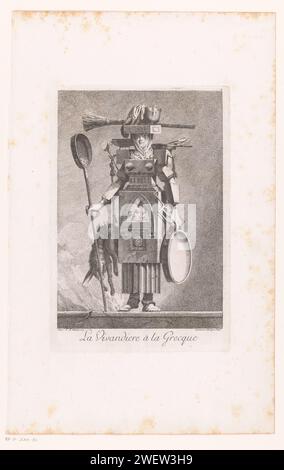 GRIEKSE VIVANDIRE, BENIGNO Bossi, nach Enemond Alexandre Petitot, 1771 drucken Eine stehende Frau mit einem Körper wie eine gekannte Säule und einem Bauch wie ein Ofen. Auf ihrem Kopf trägt sie ein Kapital mit einem Besen und einem Topf. In ihren Händen hält sie Kochutensilien und an einem Haken an ihrer Schulter hängt ein totes Kaninchen. Papierätzerin, Kantinenfrau. Europäer Stockfoto