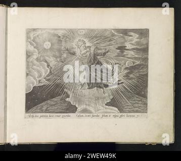 Schöpfung des Lichts, Anonym, 1585 drucken der erste Tag der Schöpfung: Gott der Vater schwimmt über der Erde mit gestreckten Armen und Er trennt das Licht von der Dunkelheit und dem Tag der Nacht. Auf der linken Seite sehen Sie Sonne und Mond auf der rechten Seite. Über Gott, der Vater, das Tetragramm. Unten ein Hinweis auf den lateinischen Bibeltext. Dieser Ausdruck ist Teil eines Albums. Papiergravurteilung von Licht und Dunkelheit Stockfoto