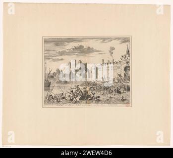 Angriff von Maarten Schenck auf Nijmegen, 1589, Jan Luyken, 1681 Print Gescheiterter Angriff von Truppen unter Maarten Schenck auf die Stadt Nijmegen, 10. August 1589. Episode aus dem Keulse-Krieg. Auf der Flucht aus der Stadt ertrinkt Schenck in der Waal. Kampf um das Ätzen von Papier. Ertrinkender, Schiffbrüchiger Nijmegen Stockfoto