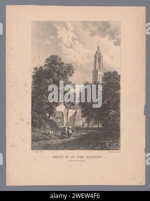 Blick auf Rhenen, Barend Cornelis Koekkoek, 1831 Druckpapierkirche (außen). Öffentliche Straße im Dorf (+ Stadt(-Landschaft) mit Figuren, Personal) Rhenen Stockfoto