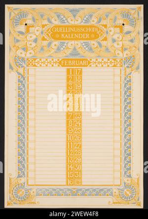Kalendermagazin für Februar, aus einem Kalender der Handwerksschule Quellinus, Unbekannt, ca. 1885 - ca. 1925 Druck mit einer Randdekoration von Fischen und Pflanzen. Papierkalender, Almanach. Ornamente  Kunst. Fische Stockfoto