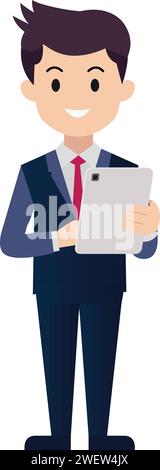 Geschäftsmann Cartoon hält Tablet. Intelligenter Mann mit Technologiekonzept Stock Vektor