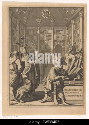 Bibliothek mit christlichen Autoren, 1710 - 1715 Druck Innenraum einer Bibliothek mit Bischöfen, Kardinälen und anderen christlichen Autoren, direkt vor einem Kardinal hinter einem Schreibtisch und links der Evangelist Marcus. An den Wänden befinden sich Bücherregale mit Zeichen christlicher Autoren. Papier-Ätz-/Gravurstudie; 'studiolo'; Bibliothek. Bücherregale. Schreibtisch, Schreibtisch. Tintenfach. Buch. erzbischof, Bischof usw. (Römisch-Katholisch). kardinal. Markus (Marcus) der Evangelist und Bischof von Alexandria; mögliche Attribute: Buch, (geflügelter) Löwe, Stift und Tintenhorn, Schriftrolle Stockfoto