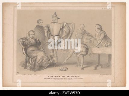 Spotprent traf den Premierminister Robert Peel en Joseph Hume, John Doyle, nach Charles Robert Leslie, 1845 Print Cartoon von 1845 als Szene mit Katherina und Petruchio aus Shakespeares Stück de Feeks is Tamed (die Zähmung des Widersprichs). Premierminister Robert Peel als Petruchio und Jospeh Hume als Katherina. Veröffentlicht als Nr. 833 in der Serie HB Sketches. Papierpolitische Karikaturen und Satiren Stockfoto