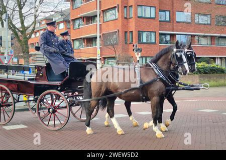 Traditionelle Pferdekutsche, die von Kutschern in Kostümen in den Haag, Niederlande, gefahren wird Stockfoto