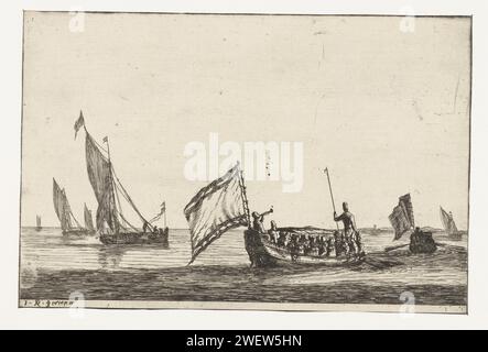 Statenloep- und Segelschiffe auf ruhigem Wasser, Reinier Nooms, 1654–1658 drucken zwei staatskollegen, die auf hochrangigen Figuren verwendet werden, mit einem Baldachin und einer Flagge, sowie eine Reihe von Segelschiffen. Titelseite vor dem Hinzufügen eines Segels mit dem Titel. Papierätzung Ruderboot, Kanu usw. Segelschiff, Segelboot Stockfoto