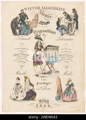Fünf Szenen auf dem Gebiet der Kunst und Kultur, 1843 drucken fünf Szenen auf einem Blatt: Eine Malerin hinter einem Tuch auf einer Staffelei im Gespräch mit zwei Männern; drei Männer, die die Zeitung lesen, einer mit einer langen Pfeife; ein Mann in historischer Kleidung mit einem Schaukasten auf einem Standard; Eine Frau mit einer Harfe und einer Sängerin mit Noten; Eine Frau vor einem Spiegel. Papierätzer/Gravurkünstler (im Allgemeinen) (+ Künstler bei der Arbeit). Peep-Show. Harfe (+ Künstler bei der Arbeit). Musiker, die Sänger begleiten. Spiegel - AA - (für) Frauen Stockfoto