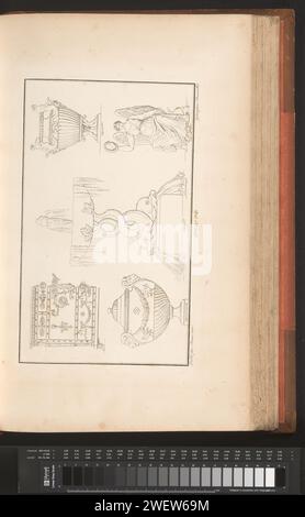 Verschiedene Ornamente, Pierre-Nicolas Beauvallet, 1820 Ornament Print mit verschiedenen Objekten, zentral ein Brunnen mit Delfinen. Teil (13. CAH. F.LE 6) des Prentalbums mit zwei Serien von insgesamt 138 Ornamentdrucken von Beauvallet und Normand, Fragmens d’Ortuens Dans Le Style Antique. Papier-Ätzschmuck  Kunst. Gartenbrunnen. delfin  Ornament Stockfoto