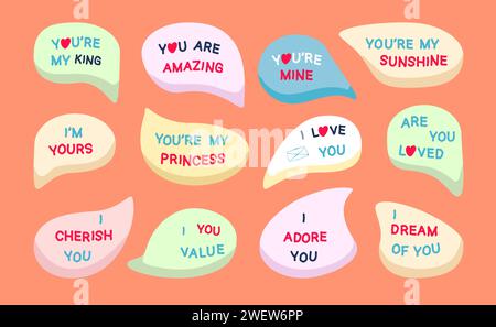 Gesprächsblasen für Liebhaber auf pfirsichfarbenem Hintergrund. Aufkleber mit Liebessätzen und Herzen. Illustration des flachen Vektors Stock Vektor