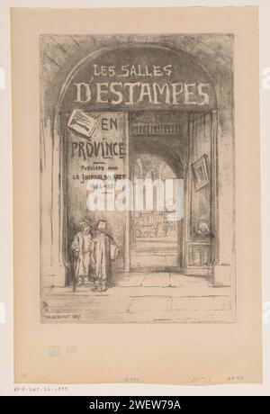 Titelpagina voor: Die Druckräume, Félix Hilaire Buhot, 1887 drucken zwei Männer vor dem Eingang zu einem Druckschrank. Dauerausstellung Papierätzung/Trockenpunkt, Museum. Kunstsammler (+ Grafik) Stockfoto