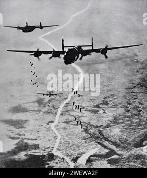 Während des Zweiten Weltkrieges greifen Bomber von Lancaster im August 1944 deutsche Versorgungslinien an, um die alliierte Invasion Frankreichs nach dem D-Day am 6. Juni 1944 zu unterstützen. Stockfoto