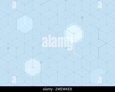 Blaue 3D-Würfel auf hellblauem Hintergrund, nahtloses geometrisches Muster. Abstrakter und moderner Technologie- und Wissenschaftshintergrund mit sich wiederholendem Muster. Stockfoto