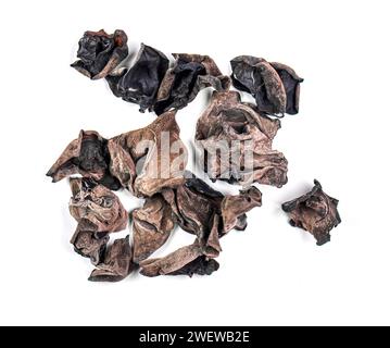 Getrocknete asiatische Pilze auricularia polytricha, Wolkenohr isoliert auf weiß, Draufsicht Stockfoto