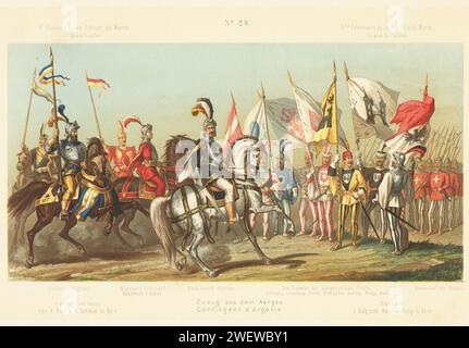 Aargau-Kontingent. Hans Thüring von Büttikon, Markgraf Zehender Schultheiss von Aarau, Hans Arnold Segesser und Standartträger von Zofingen, Lenzberg, Baden, Bremgarten, Aarburg, Brugg und Aarau. Chromolithographie von C. Knusli nach einer Illustration von Carl Jauslin aus dem Album du cortege Historique de Morat, Nachstellung zum 400. Jahrestag der Schlacht von Murten, Buri, Zürich, 1876. Stockfoto