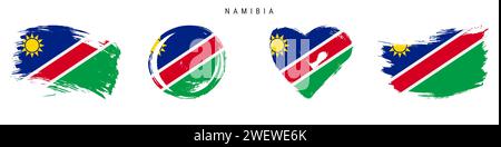 Namibia handgezeichnete Flaggen im Grunge-Stil. Namibisches Banner in offiziellen Farben. Freier Pinsel, Kontur, Kreis- und Herzform. Flachvektorillus Stock Vektor