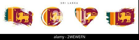 Sri Lanka handgezeichnete Flaggen im Grunge-Stil-Symbol-Set. srilankische Banner in offiziellen Farben. Freier Pinsel, Kontur, Kreis- und Herzform. Flacher Vektor i Stock Vektor