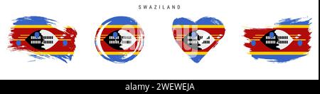 Swasiland handgezeichneter Flaggensatz im Grunge-Stil. Eswatini-Banner in offiziellen Farben. Freier Pinsel, Kontur, Kreis- und Herzform. Flacher Vektor Abb. Stock Vektor