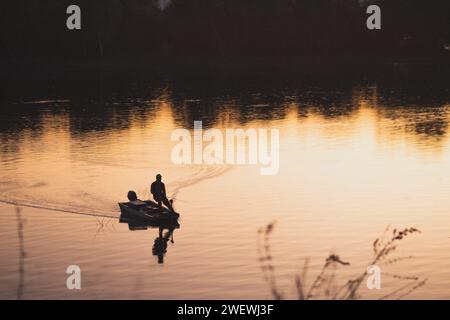 Schwäne gleiten anmutig auf einem ruhigen See bei Sonnenuntergang, umgeben von der ruhigen Schönheit der Natur, mit einem Fischer, der seine Schnur in der Nähe wirft Stockfoto