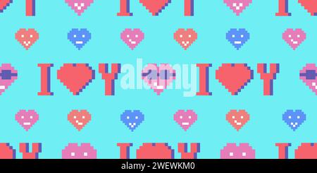 Nahtloses Muster mit I Love You und Pixelherzen auf blauer Vektor-Illustration Stock Vektor