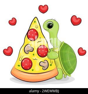 Süße grüne Karikaturschildkröte mit einem großen Stück Pizza. Vektorillustration eines Tieres auf weißem Hintergrund mit roten Herzen. Stock Vektor