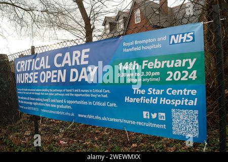 Harefield, Großbritannien. Januar 2024. Am 14. Februar veranstalten die Royal Brompton und Harefield Hospitals einen Tag der offenen Tür in ihrem Herzkrankenhaus in Harefield im Londoner Stadtteil Hillingdon. Sie rekrutieren Intensivpflegekräfte der Gruppen 5 und 6. Kredit: Maureen McLean/Alamy Stockfoto