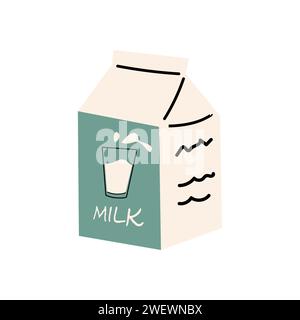 Milchbox mit Karton Öko-Verpackung isoliert. Vektorillustration mit Milch im Glas. Handgezeichnete Vektorgrafik Stock Vektor