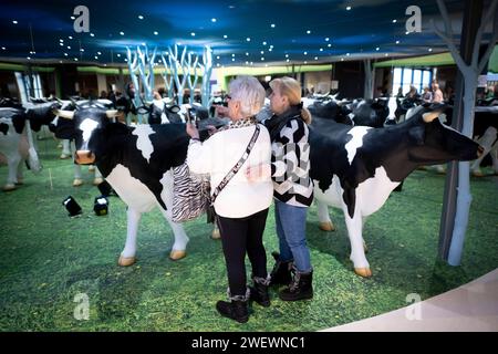 Gruene Woche Berlin DEU, Deutschland, Berlin, 23.01.2024 Besucher fotografieren sich und eine Kuh aus Plastik zum Thema Nachhaltigkeit und oekologische Landwirtschaft in der Halle vom Bundesministerium für Ernaehrung und Landwirtschaft BMEL auf der Messe der Internationalen Gruenen Woche unter dem Motto Moege die Vielfalt mit Euch sein in Berlin Deutschland . Die Internationale Gruene Woche Berlin ist eine internationale Verbrauchermesse und Ausstellung der Ernaehrungswirtschaft, Landwirtschaft, Gartenbau und für landwirtschaftliche Produkte aus aller Welt. Grüne Woche en: Besucher Stockfoto