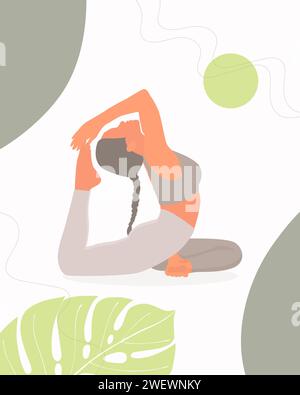 Frau übt Yoga in friedlicher Umgebung mit Monsterablättern. Vektorabbildung Stock Vektor