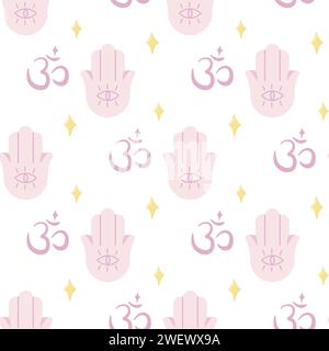 Nahtloses Muster von Yoga, hamsa und OM-Symbol. Für dein Material oder Design Stock Vektor