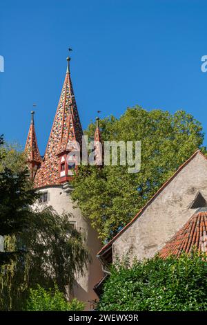 Lindau am Bodensee, farbenfroher Dieb-Turm, romanische St. Peterskirche, Apsis, Außenansicht, Baum, Bayern, Deutschland Stockfoto