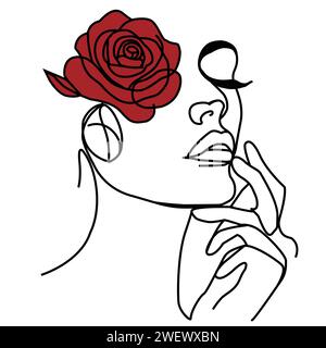 Zarte Linienzeichnung eines Mädchengesichts mit einer Rose. In einem schwarzen Linienstil, Pink, Hand, Vektor Stock Vektor