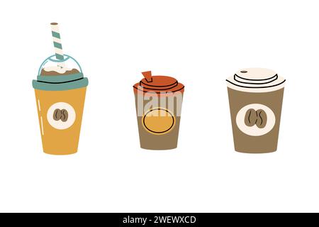 Handgezeichnete Kaffeetassen in unterschiedlichem Design. Handgezeichnete Abbildung. Vektorillustration kann für Banner, Flyer, Tapeten, Poster verwendet werden. Stock Vektor
