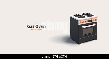 Küche Gasherd mit Ofen, 3D Cartoon Rendering detailliertes Vektor-Symbol, schwarze Haushaltsausstattung, Gasheizungsfahne Stock Vektor