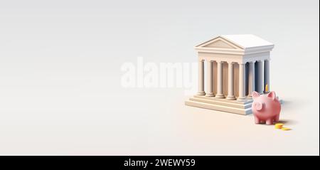 Bank Building 3D realistisches Rendering Illustration mit schwungvollen Bannervorlagen für Sparkassen, Einzahlungen oder Kreditkonten Stock Vektor