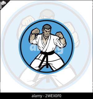 kyokushin Karateka in einem weißen Kimono, einem schwarzen Gürtel, großen Fäusten, in einer Kampfposition, bereit zum Kampf. Vor einem Hintergrund ein paar kleine Details Stock Vektor