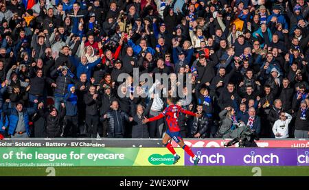 Januar 2024; St Mirren Park, Paisley, Renfrewshire, Schottland, der schottische Premiership Football, St Mirren gegen die Rangers; Cyriel Dessers of Rangers feiert, nachdem er in der 14. Minute 1-0 Punkte erzielt hat Stockfoto