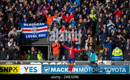 Januar 2024; St Mirren Park, Paisley, Renfrewshire, Schottland, der schottische Premiership Football, St Mirren gegen die Rangers; Cyriel Dessers of Rangers feiert, nachdem er in der 14. Minute 1-0 Punkte erzielt hat Stockfoto