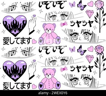y2k Rosa Girly Muster. Anime Mädchen, Widderkopf, Herz Manga Retro Y2K Kawaii Style. Übersetzung: Verschiedene japanische Onomatopoeia,I love you.Vector Stock Vektor