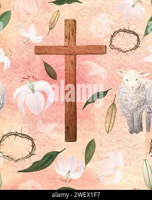 Aquarell Holzkreuz und Lilienkarte für Ostern, heiligen Donnerstag, religiöses nahtloses Muster auf Pfirsichhintergrund Stockfoto