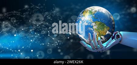 AI Robot Hand Holding World Technology Connection mit abstraktem Hintergrund. Global Connected with Artificial Intelligence Concept. Stockfoto