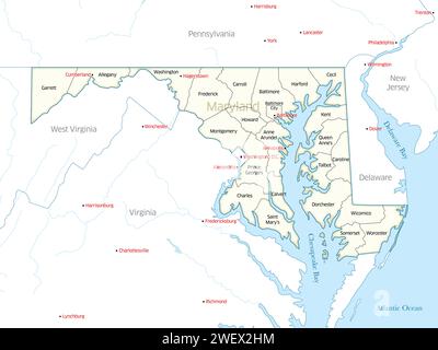 Karte mit den vielen Countys des US-Bundesstaates Maryland. Stockfoto