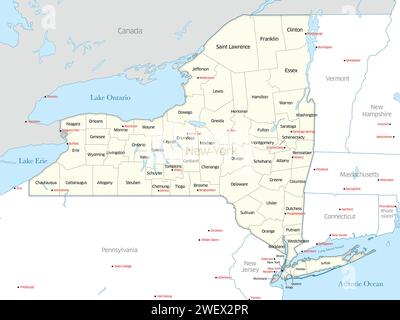 Karte mit den vielen Countys des US-Bundesstaates New York. Stockfoto