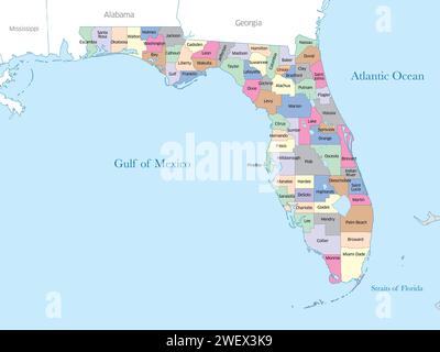Farbenfrohe Karte des Bundesstaates Florida mit den Countys. Stockfoto