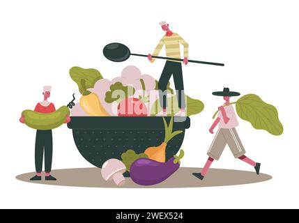 Vegetarische Speisen. Menschen kochen gesunde Bio-Diät Mahlzeiten Stock Vektor