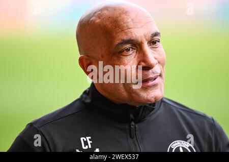 Curtis Fleming Interims-Cheftrainer von Charlton Athletic während des Vorspielinterviews vor dem Sky Bet League 1 Match Blackpool vs Charlton Athletic in Bloomfield Road, Blackpool, Großbritannien, 27. Januar 2024 (Foto: Craig Thomas/News Images) Stockfoto