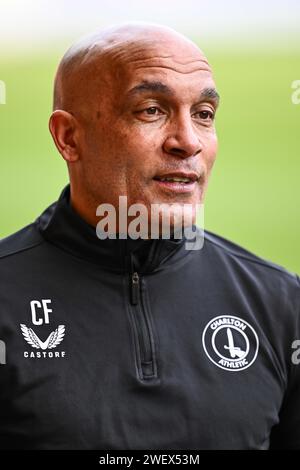 Curtis Fleming Interims-Cheftrainer von Charlton Athletic während des Vorspielinterviews vor dem Sky Bet League 1 Match Blackpool vs Charlton Athletic in Bloomfield Road, Blackpool, Großbritannien, 27. Januar 2024 (Foto: Craig Thomas/News Images) Stockfoto